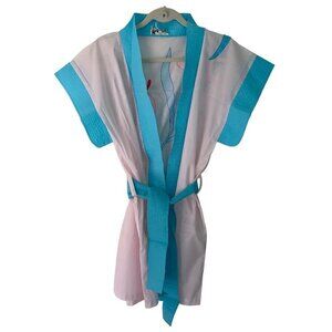 Lyre Bird Vintage Womens Robe Size Large Pink Floral Applique Short Belt Pockets
